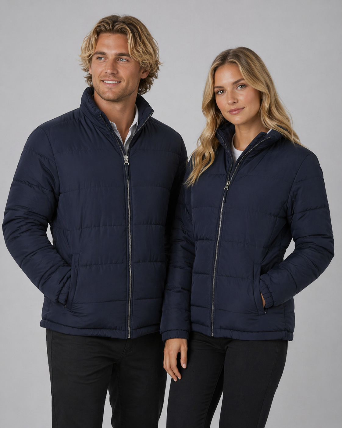 Navy blue quilted puffer jacket with silver zipper and pockets from Arjo operation staff work uniforms and workwear
