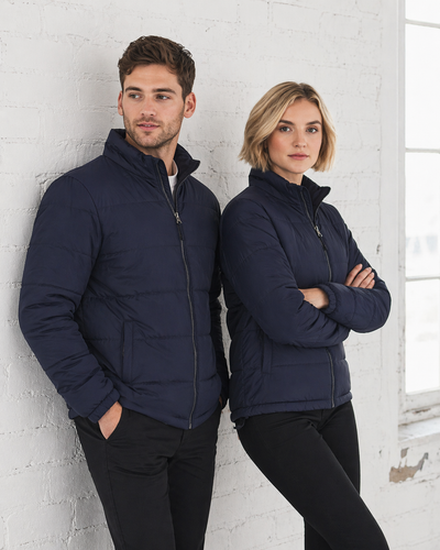 Navy blue quilted zip-up arjo operation staff jacket perfect for durable workwear and reliable work uniforms