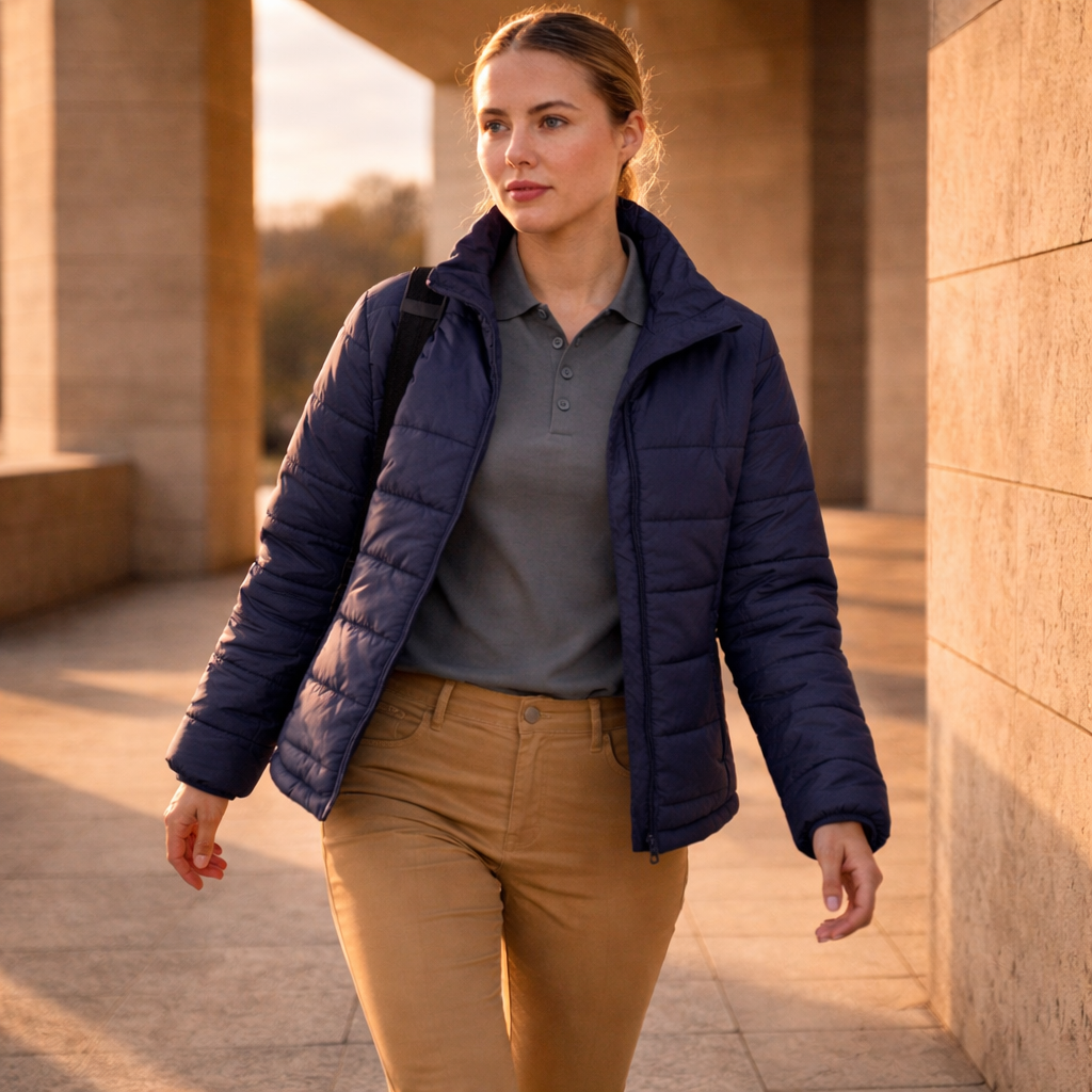 Navy blue quilted sustainable insulated puffer jacket perfect for ladies workwear and uniforms in cold weather