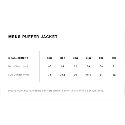 Men’s josh puffer jacket size chart showing half chest and full length for workwear and uniforms in sizes sml to 3xl