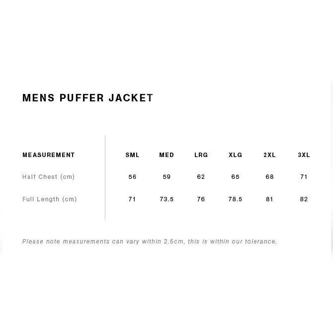 Men’s josh puffer jacket size chart showing half chest and full length for workwear and uniforms in sizes sml to 3xl