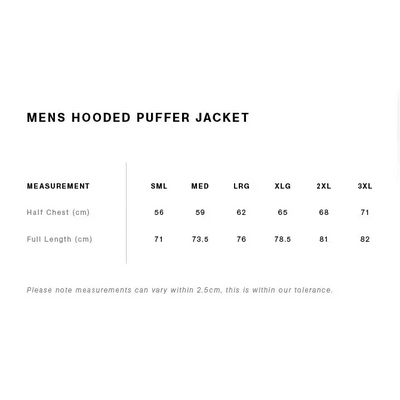 Men’s kaden hooded puffer jacket size chart showing half chest and full length for workwear uniforms sml to 3xl