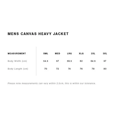 Men’s keely canvas heavy jacket size chart showing body width and length measurements for work uniforms and workwear