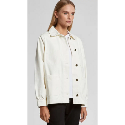 Cream-colored cotton keely denim jacket with dark buttons and classic collar perfect for uniforms and workwear