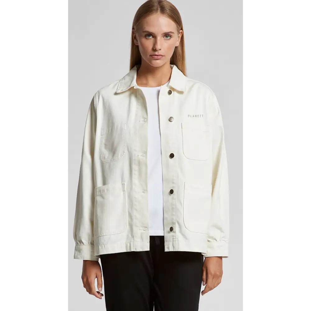Cream-colored keely denim jacket with relaxed fit and multiple pockets perfect for workwear and work uniforms
