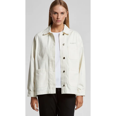 Cream-colored keely denim jacket with relaxed fit and multiple pockets perfect for workwear and work uniforms