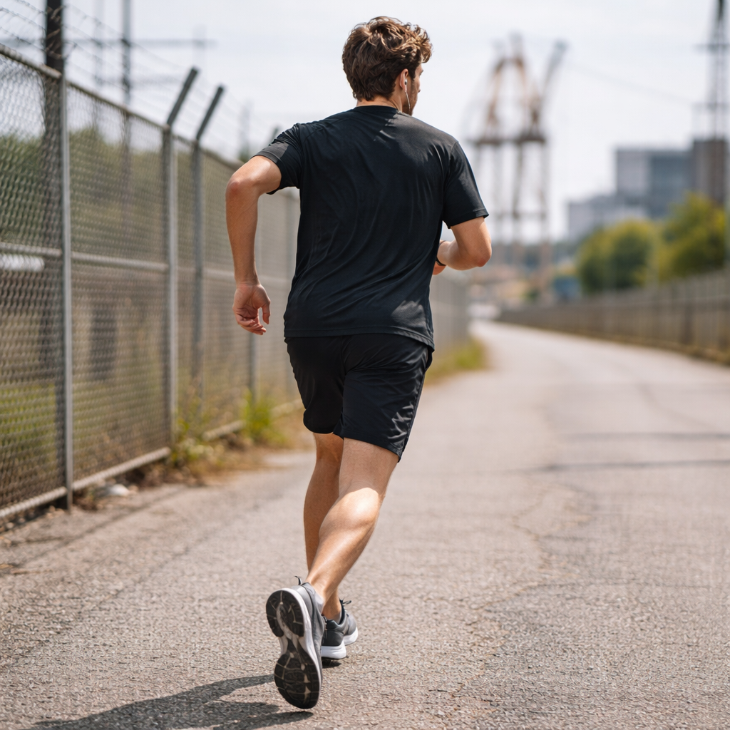 Black athletic shirt with short sleeves and a crew neck, worn by a runner on an outdoor path.