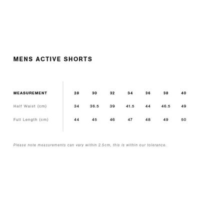Men’s active shorts size chart.