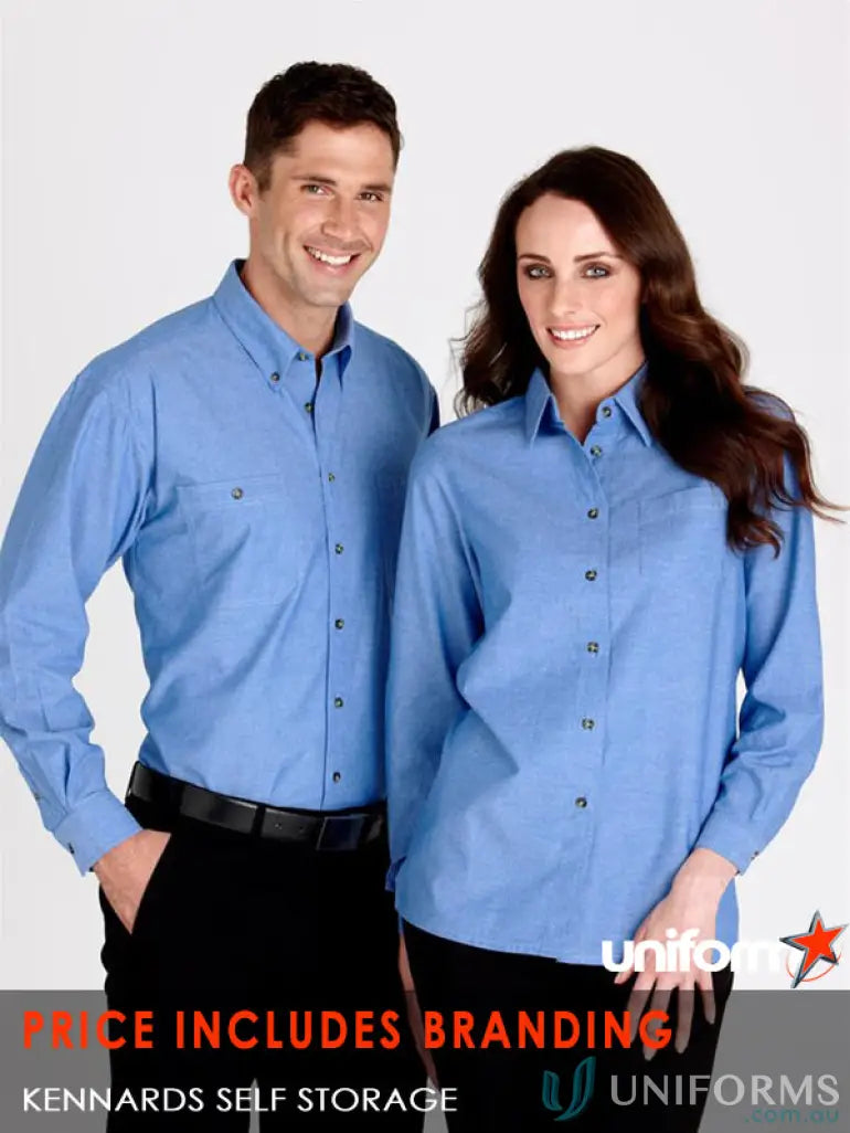 Two guys in blue KENNARDS Mens Chambray LS Shirt workwear uniforms casual style