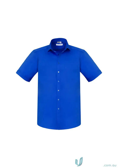 Blue short-sleeved button-down shirt perfect for KENNARDS Mens Stretch SS Workwear or uniforms