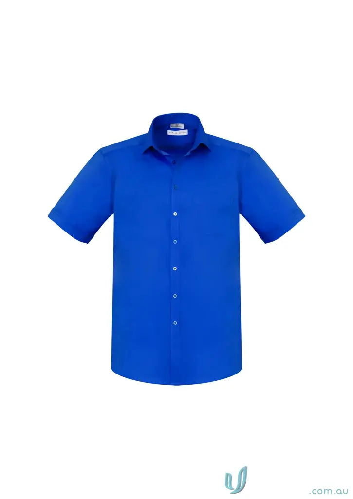 Blue short-sleeved button-down shirt perfect for KENNARDS Mens Stretch SS Workwear or uniforms