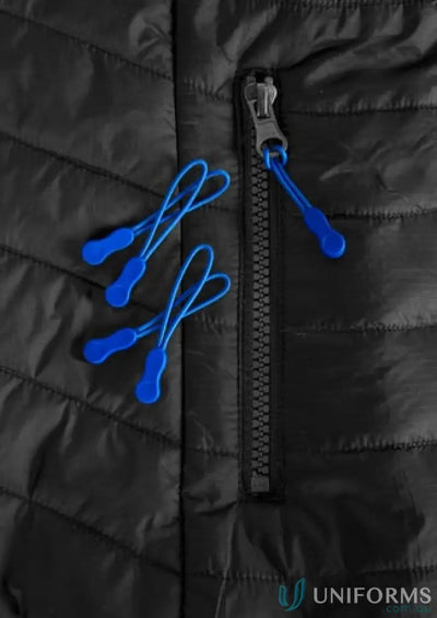 KENNARDS Zippies black quilted jacket with blue zipper pulls, perfect for workwear or uniforms