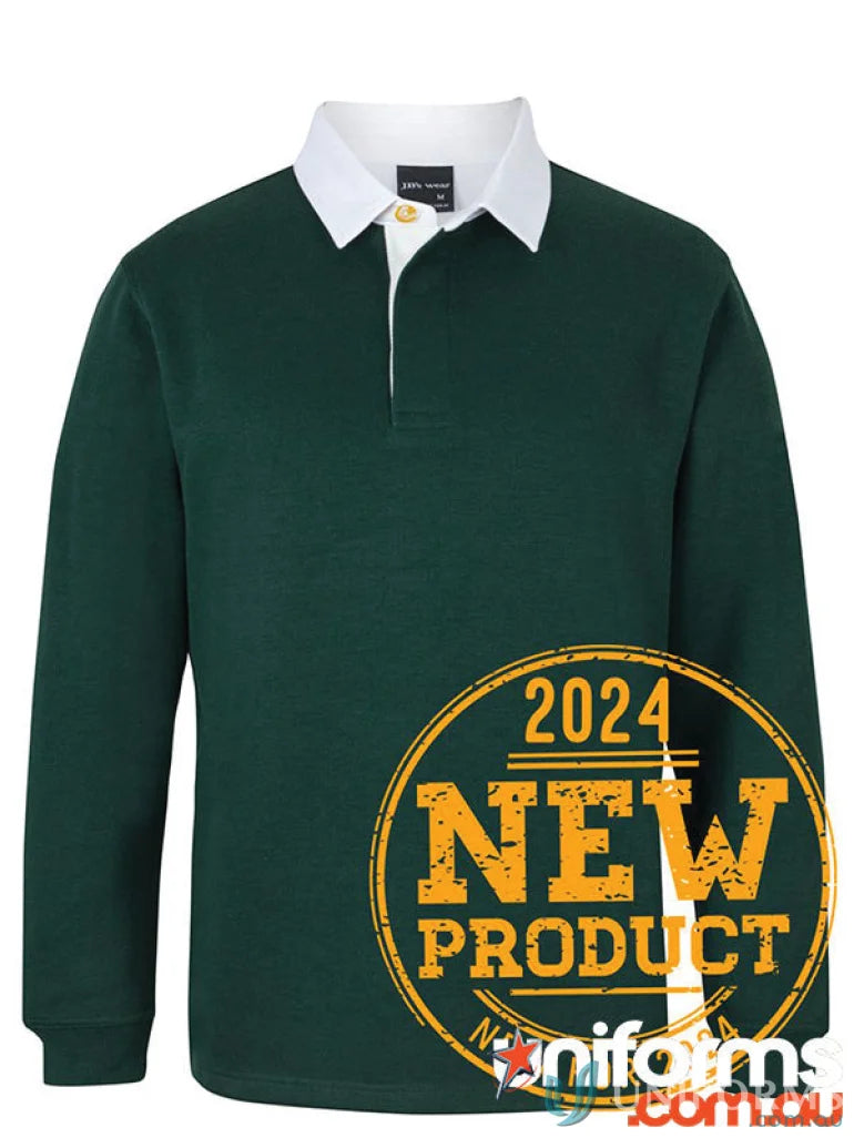 Green long-sleeved jbs rugby jumper with white collar and ribbed sleeve cuffs