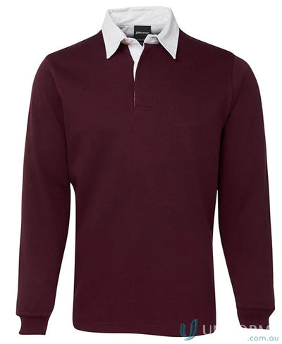 Maroon JBs Rugby Jumper with ribbed sleeve cuffs and white collar for stylish rugby play