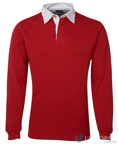 Red long-sleeved jbs rugby jumper with ribbed sleeve cuffs and white collar