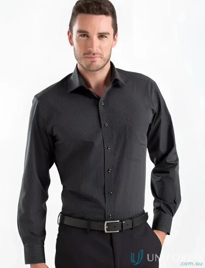Mens dark grey long sleeve dress shirt with vertical stripes, style 236-jk Keval charcoal