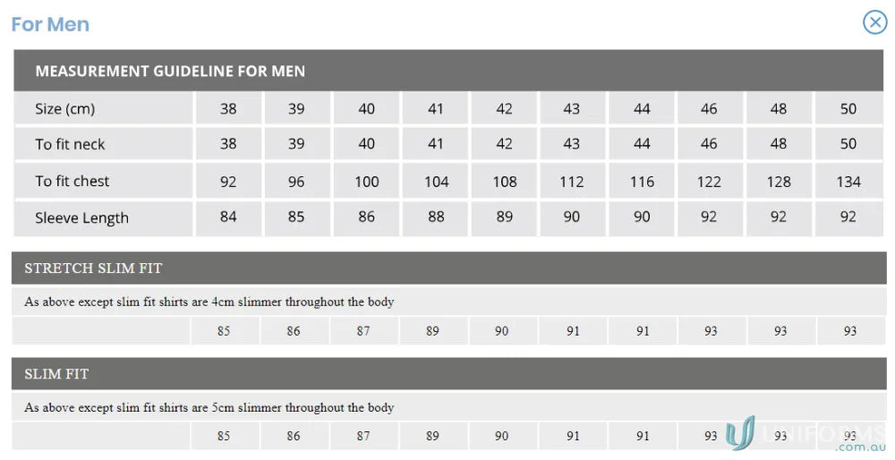 Men’s size chart for Keval Men’s SS Darker Stripe Shirt with measurements and fit notes