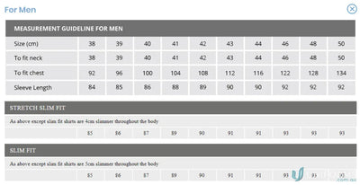 Men’s size chart for Keval Men’s SS Darker Stripe Shirt with measurements and fit notes