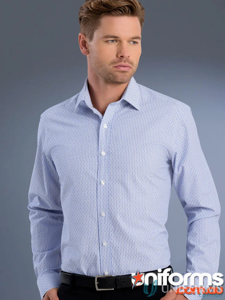 Light blue and white striped slim fit dobby stripe shirt on male model - 870-jk Keval