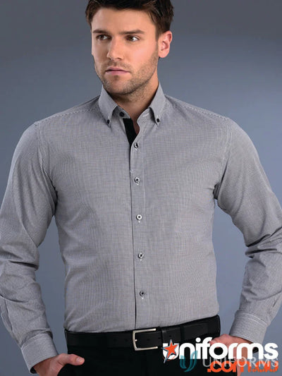 Keval Men’s Slim Fit LS Small Check shirt in light gray with black collar details