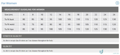 Size chart for Keval Women’s LS Dark Stripe Shirt in semi-tailored fit