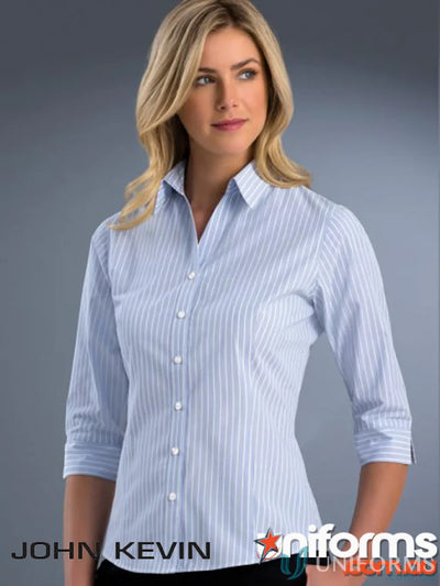 Blonde woman in Keval Style 718-JK women’s slim fit open neck 3Qtr shirt