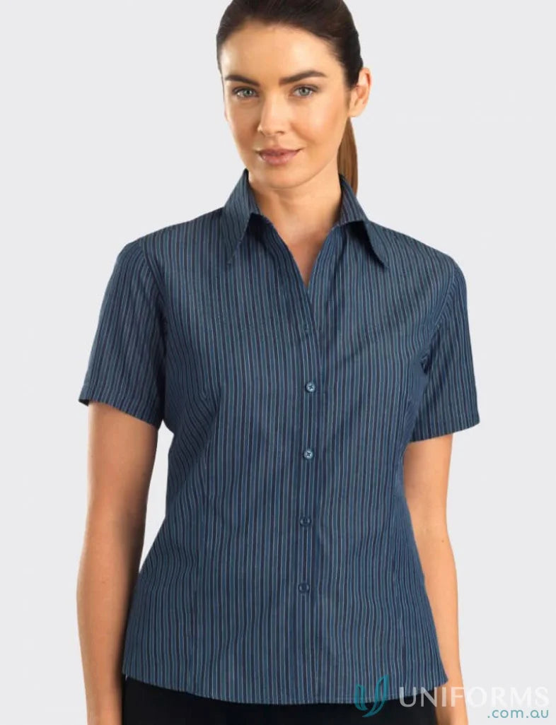 Keval Womens SS Bold Stripe Shirt showing a navy blue short sleeve collared top
