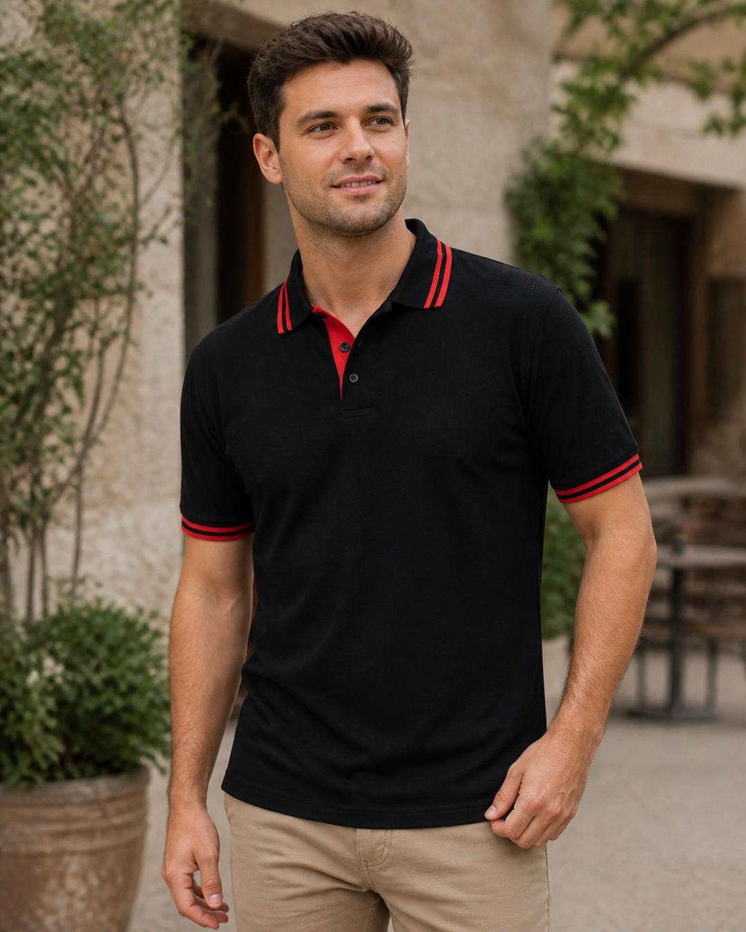 Male model wearing black Kew Polo with red trim