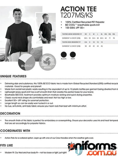 Informational product sheet for Kids Action Tee eco-friendly performance tee made from plastic waste