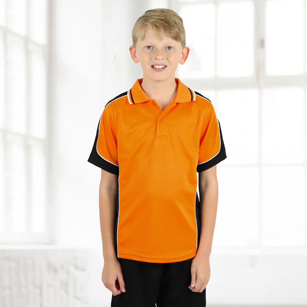 Kids Auburn Polo with bright orange cooldry moisture tech and black panels