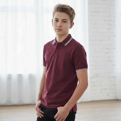 Kids contrast polo in maroon with white trim on collar cuffs