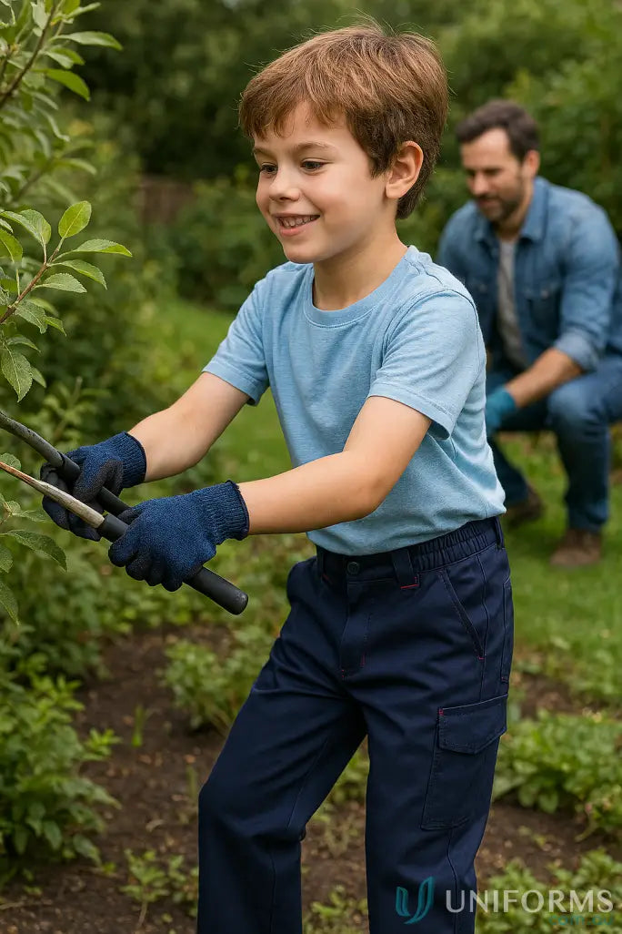 Blue knitted gardening gloves on kids cotton drill cargo pants with reinforced stress points
