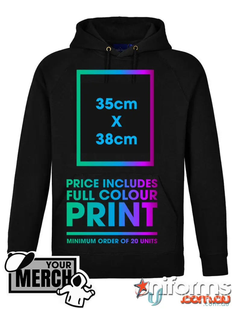 Black fleecy hoodie with print area info for Kids Full Colour Print Hoodie uniforms