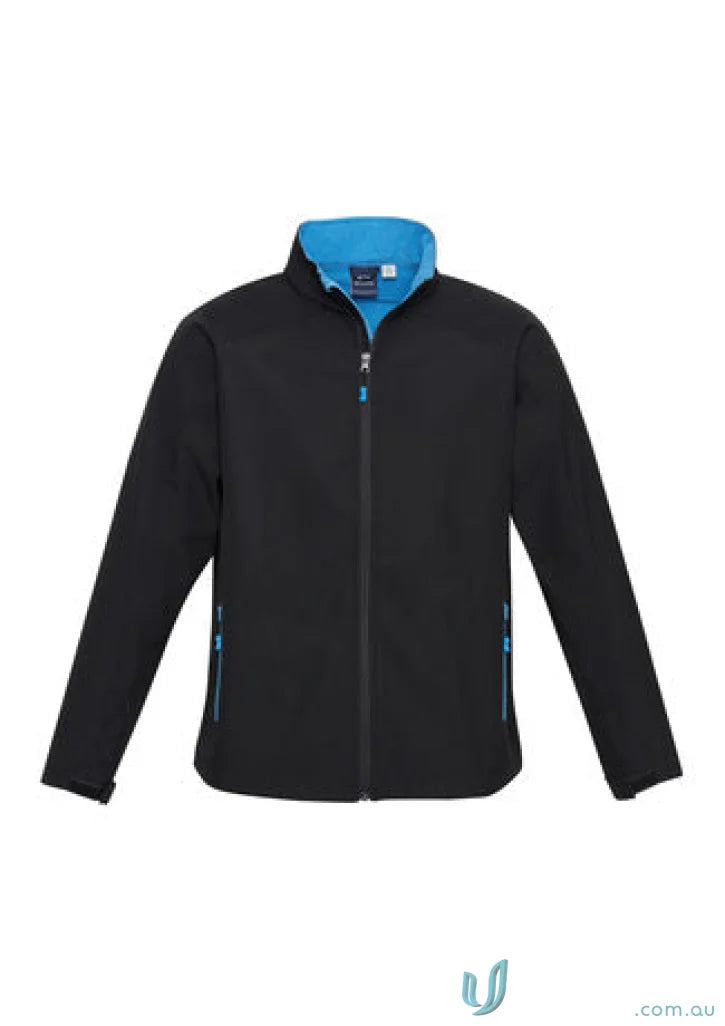Kids Geneva Softshell Jacket with black exterior and blue lining for outdoor fun