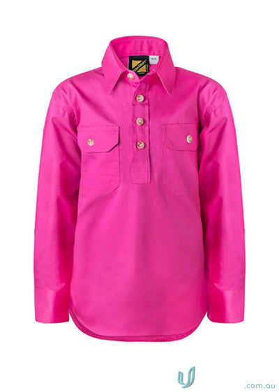 Bright pink kids half placket work shirt from Workcraft Kids Half for junior farming gear