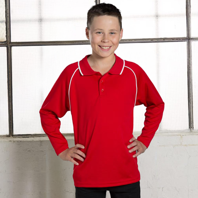 Kids Champion Raglan Cooldry long sleeve red polo with white trim