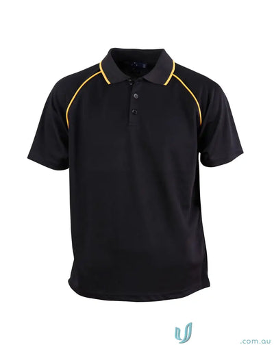 Kids Iconic Raglan Polo black with yellow trim on collar sleeves