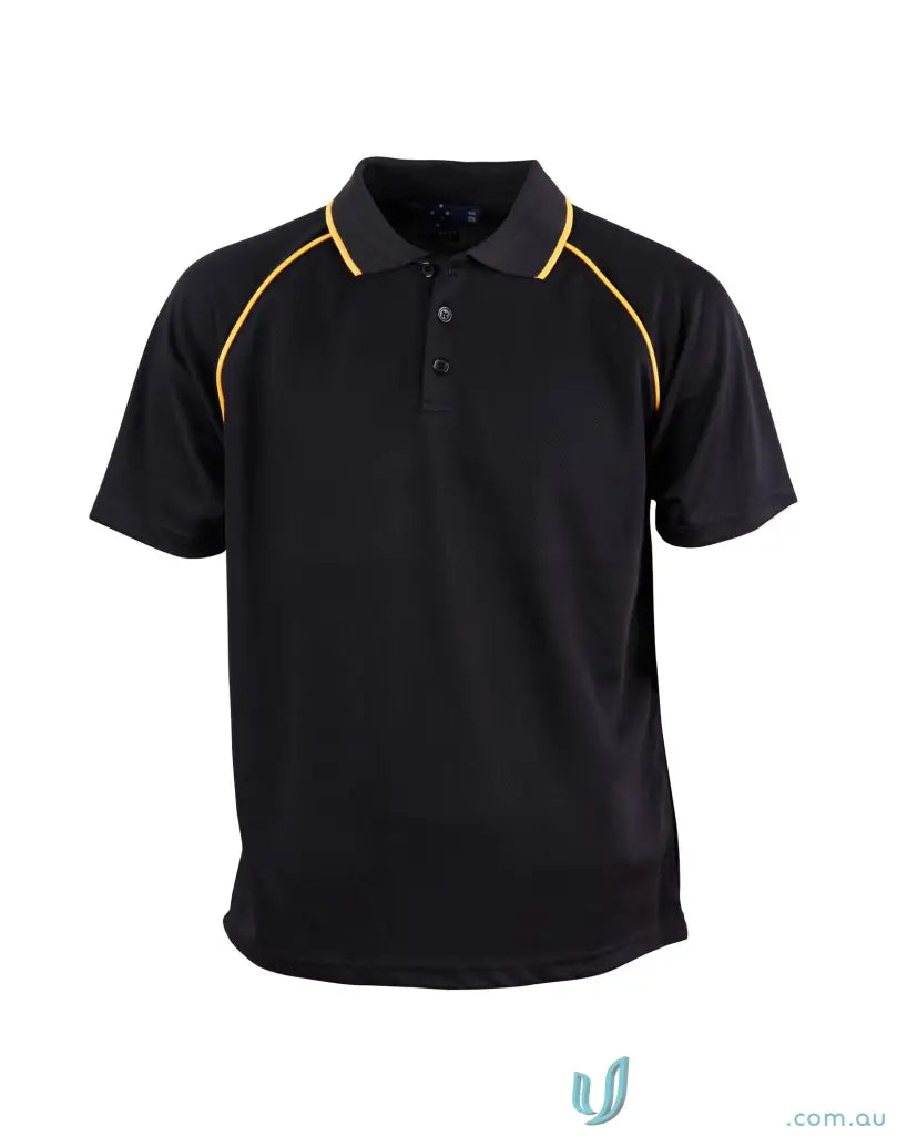 Kids Iconic Raglan Polo black with yellow trim on collar sleeves