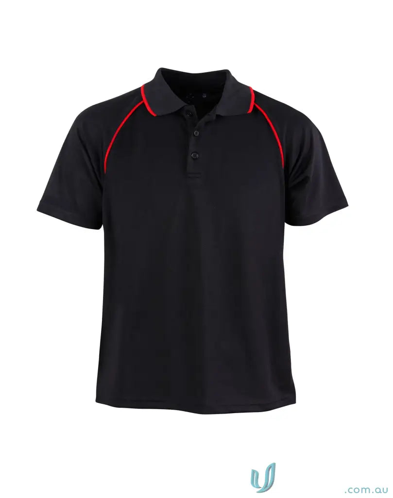 Kids Iconic Raglan Polo black shirt with red trim on collar sleeves