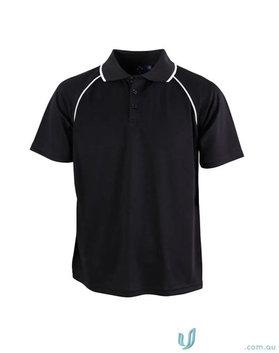Kids Iconic Raglan Polo black shirt with white trim collar sleeves