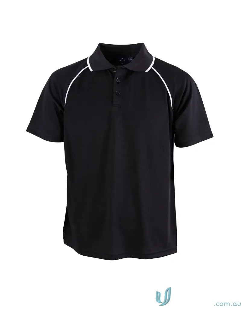 Kids Iconic Raglan Polo black shirt with white trim collar sleeves