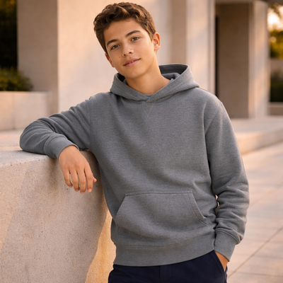 Kids Krue hoodie in sw760k biz collection, gray heathered cotton with front pocket