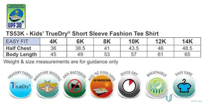 Kids Legend Tee sizing chart showing kids short sleeve tee shirts for uniforms and workwear