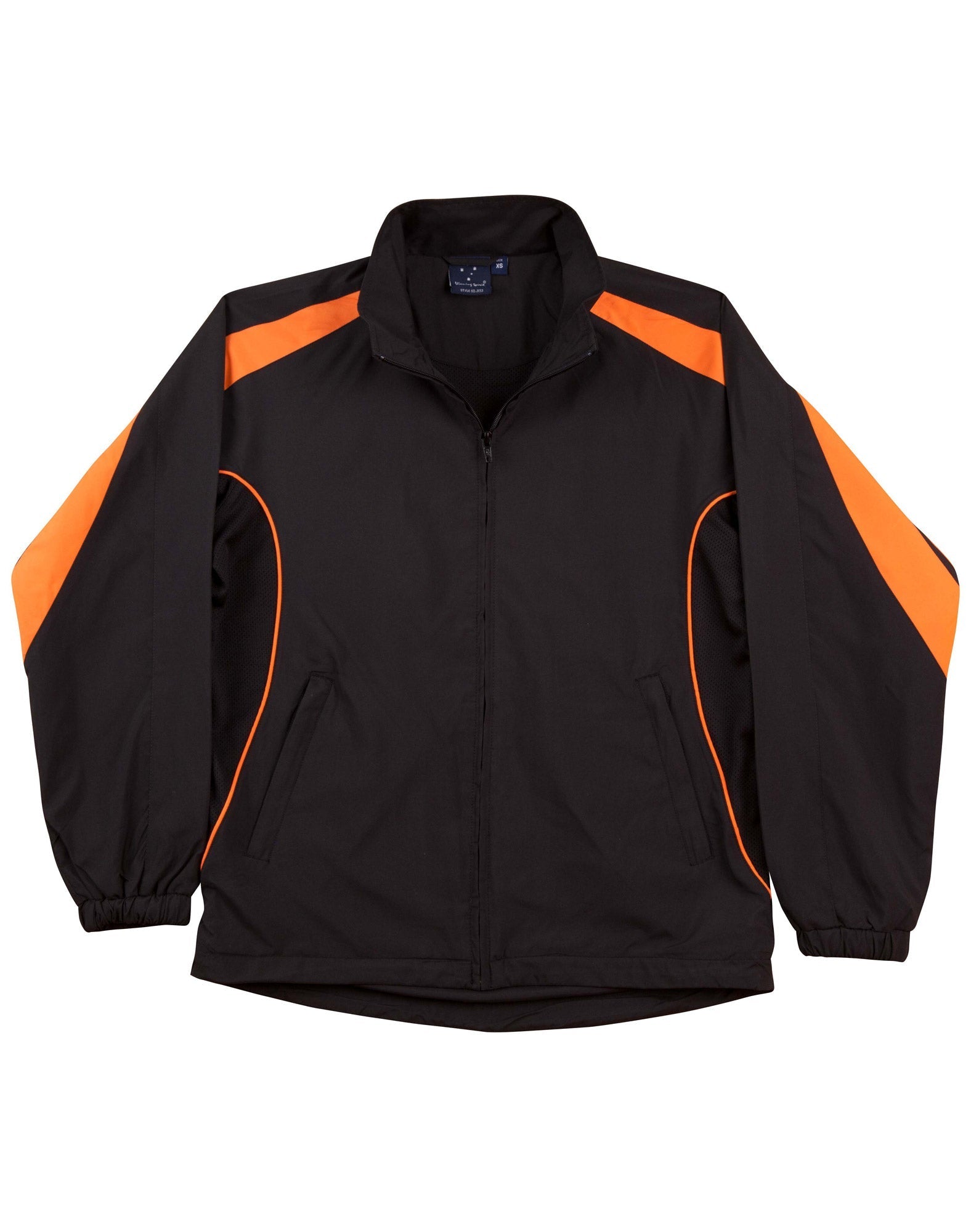Kids Legend warm up jacket in black and orange with panels cuffs