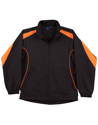Kids Legend warm up jacket in black and orange with panels cuffs