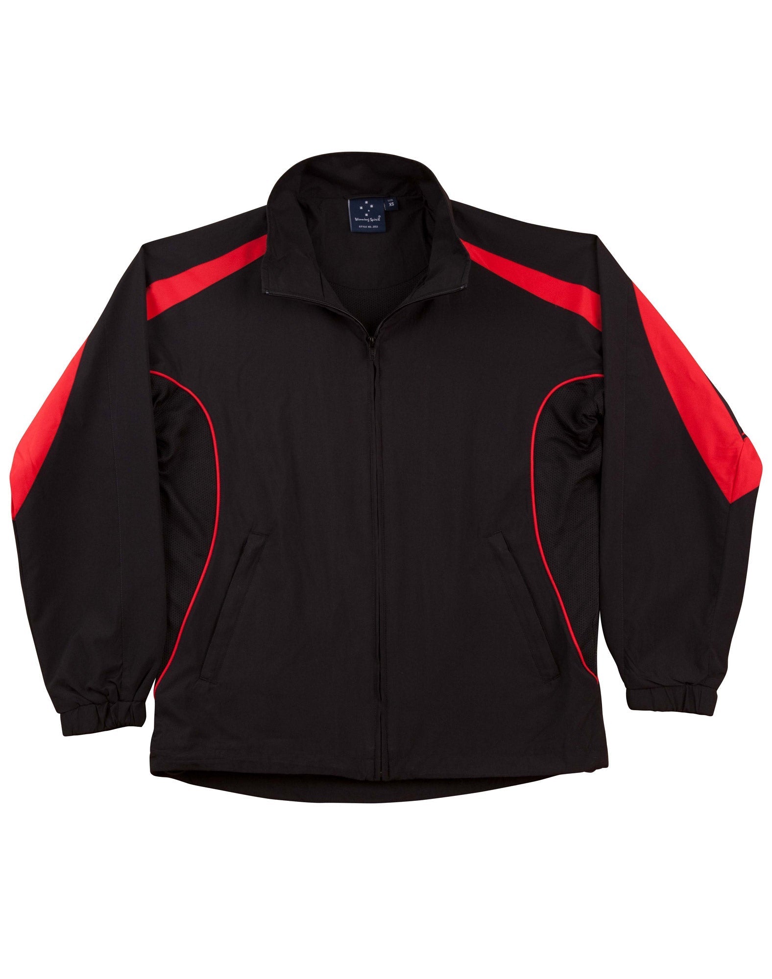 Kids Legend warm up jacket in black and red with bold color-blocked shoulders