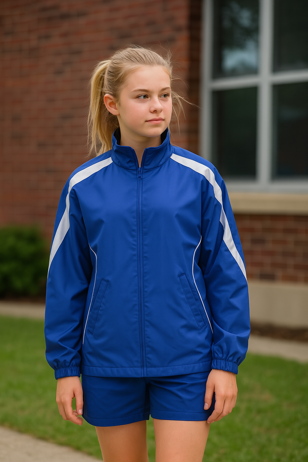 Blue Kids Legend warm up jacket with white stripes and zipper