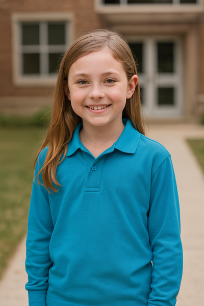 Young girl in teal kids long sleeve polo shirt