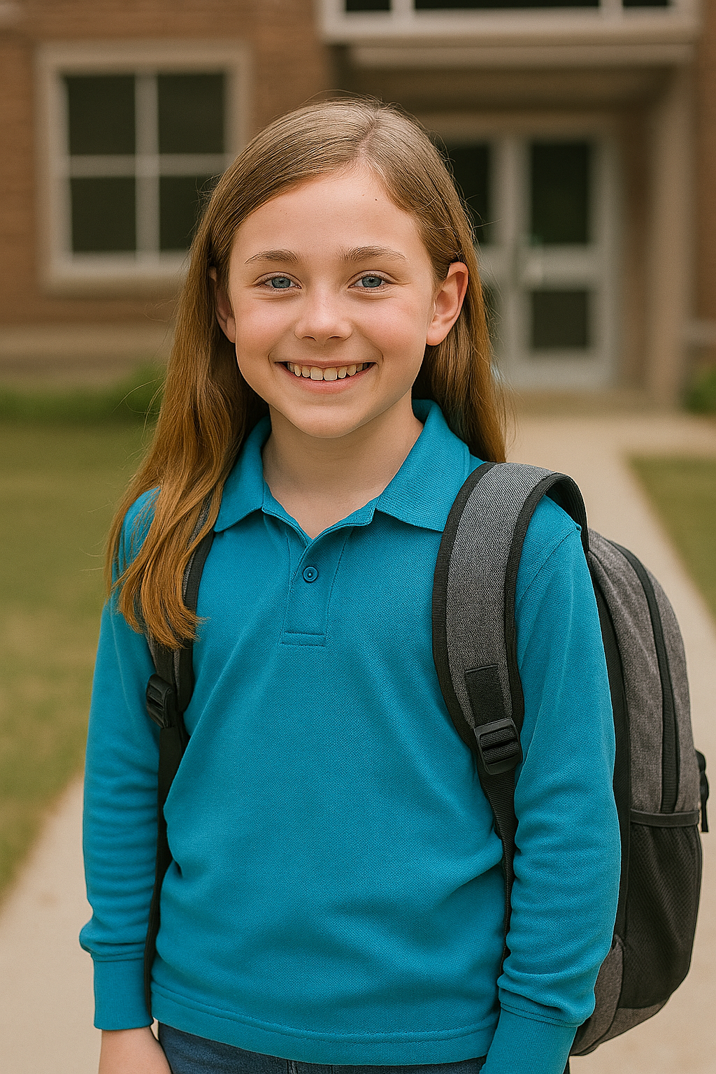 Child wearing JB’s kids long sleeve polo with gray black backpack
