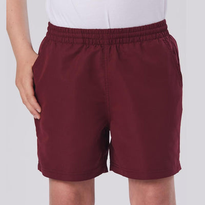 Kids microfibre sport shorts in maroon with elastic waistband and side pockets